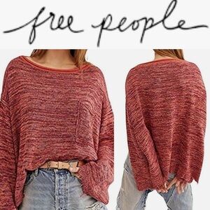 Free People Red Oversized Crew Neck Sweater